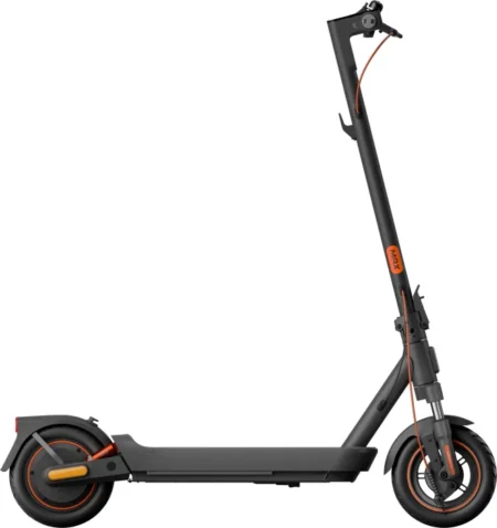Black electric scooter with orange accents and front and rear suspension