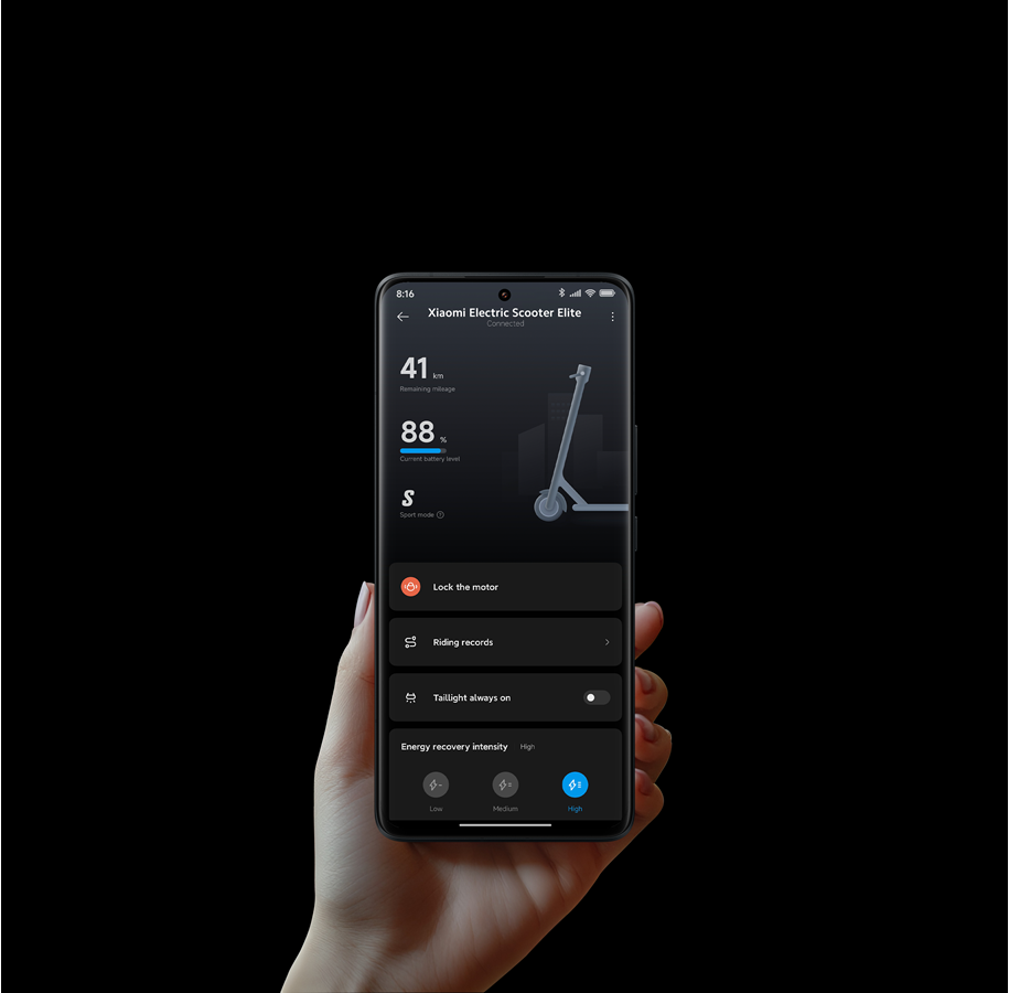 Smartphone displaying the Xiaomi Electric Scooter Elite app interface with battery status, mileage, and settings