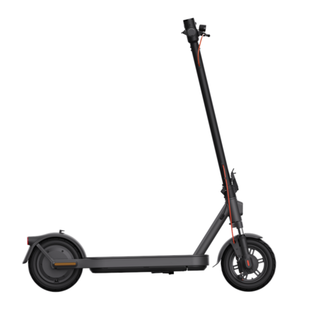 Side view of a black electric scooter with red accents