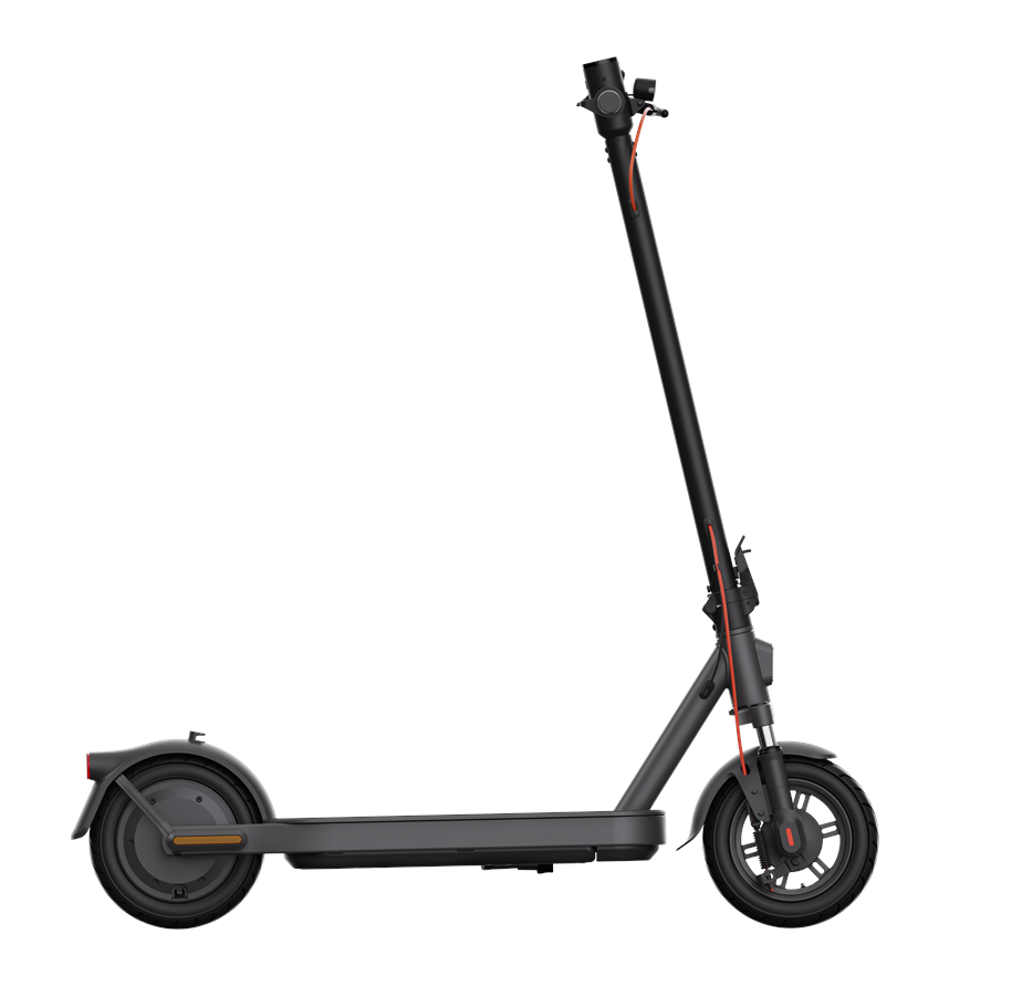 Side view of a black electric scooter with red accents