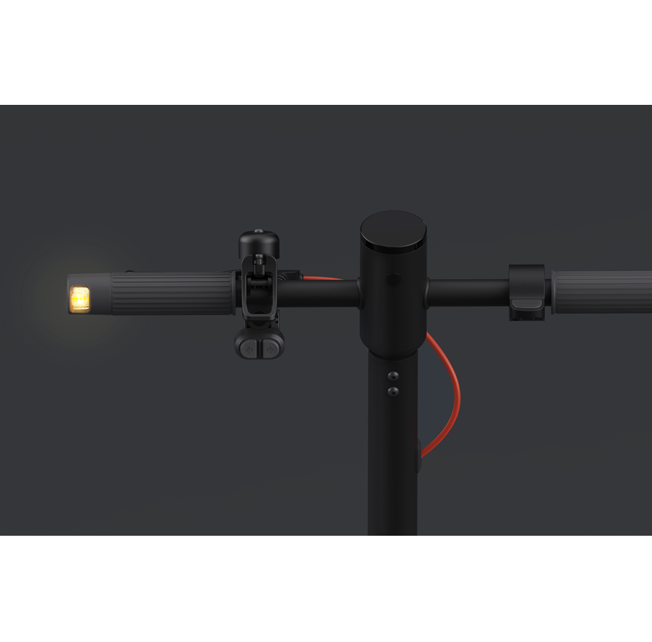 Electric scooter handlebars featuring an amber indicator light on the left grip and indicator control buttons