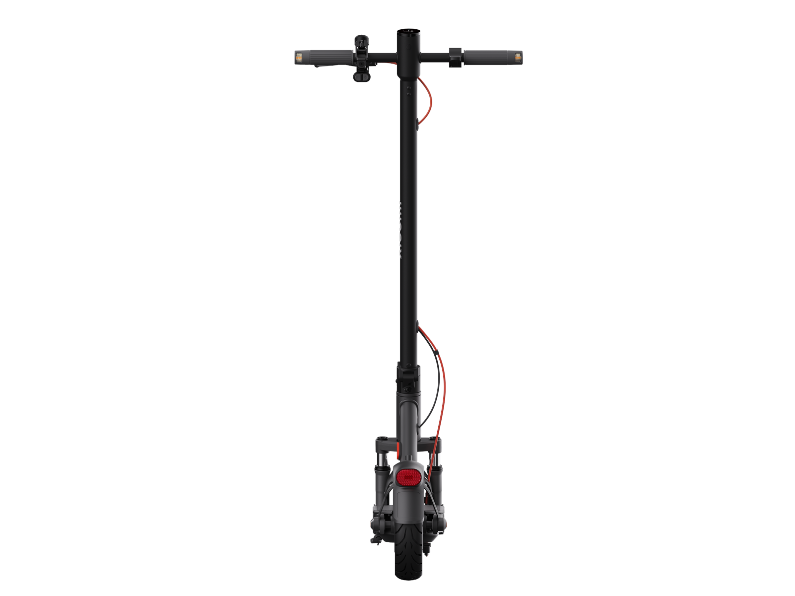 Front view of a black electric scooter showing the handlebars and front wheel