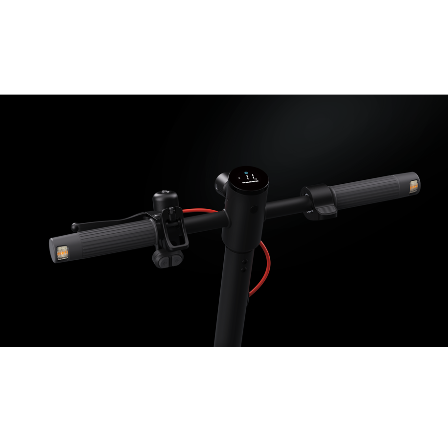 Electric scooter handlebars with a central digital display, brake lever, bell, and integrated turn signal indicators