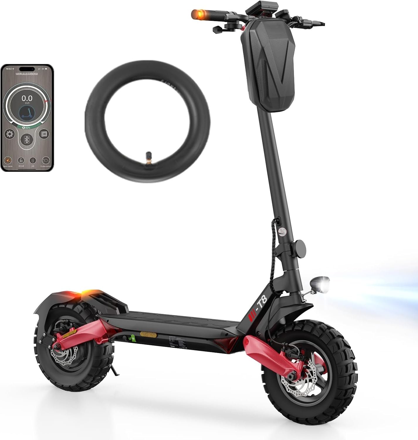 Black and red T8 electric scooter with off-road tyres, storage bag, smartphone app, and spare inner tube