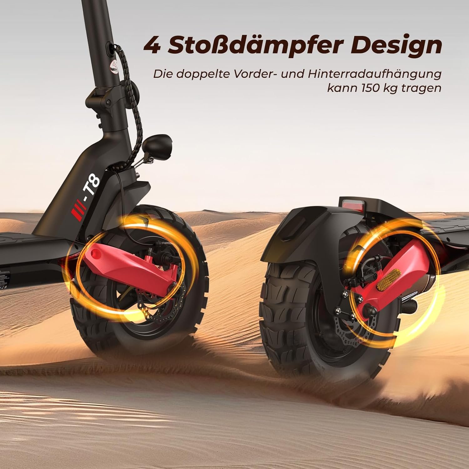 4 shock absorber design. Double front and rear suspension supports up to 150 kg