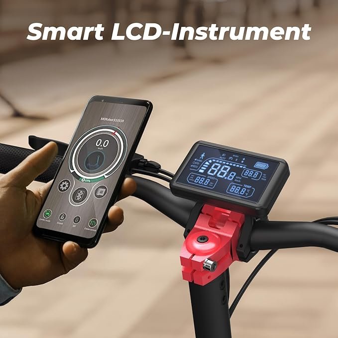 Smart LCD-Instrument on scooter handlebars alongside a smartphone showing a connected app with ride data