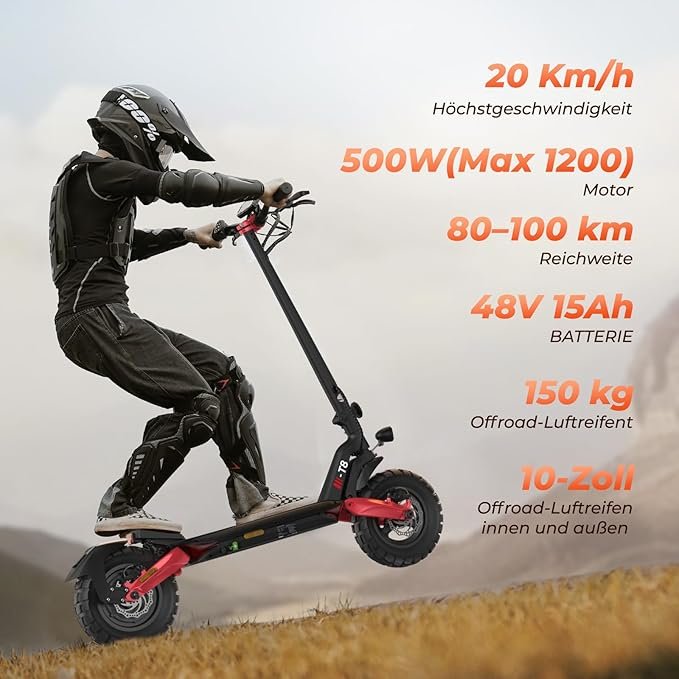 Electric scooter specs: 20km/h top speed, 500W motor, 80-100km range, 48V 15Ah battery, 150kg load, 10-inch off-road tyres