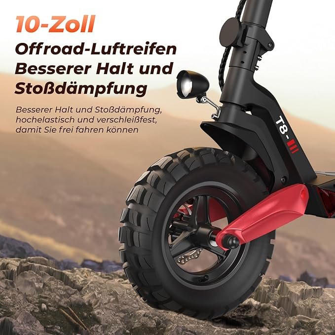 10-inch off-road pneumatic tyre on an electric scooter for better grip and shock absorption