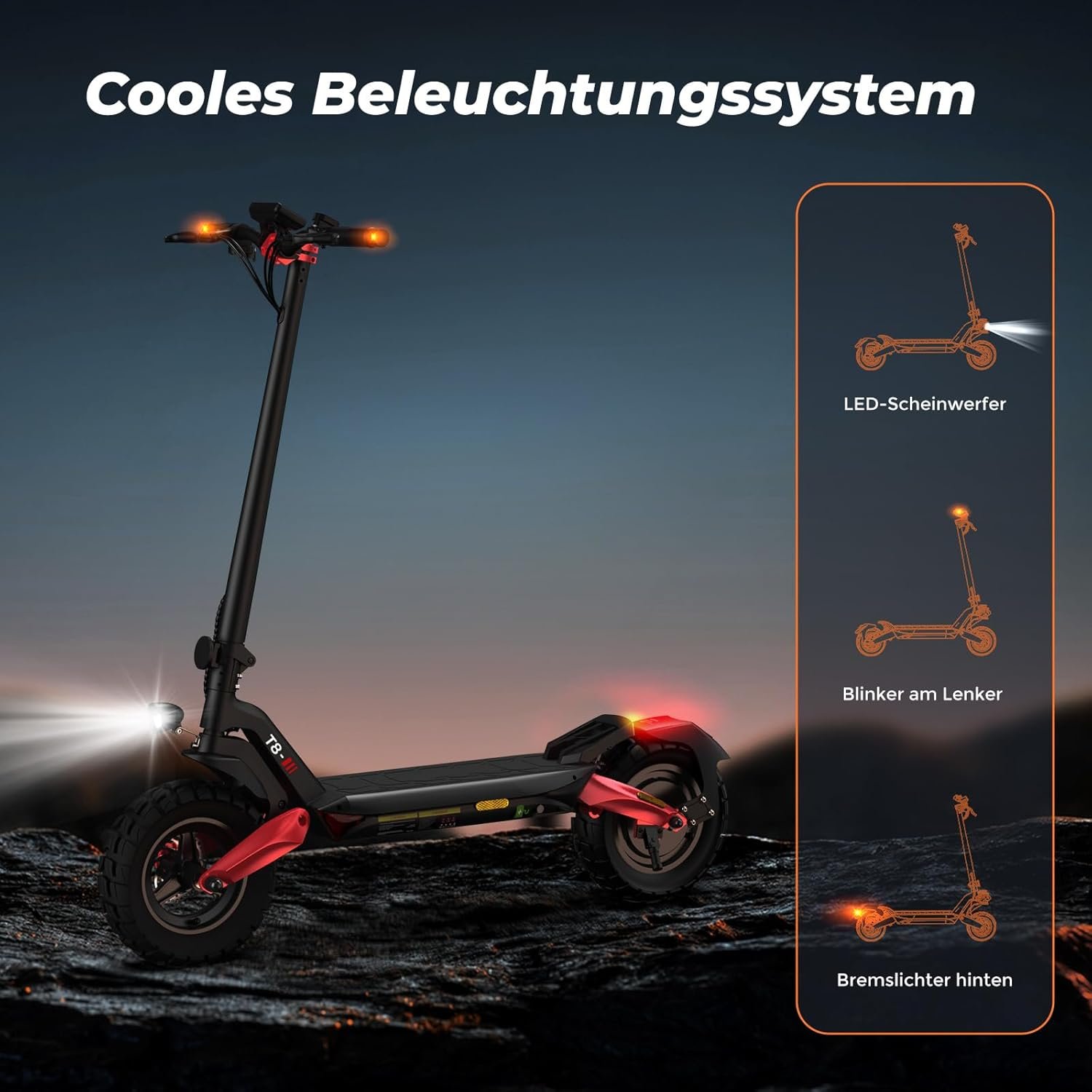 Electric scooter featuring an LED headlight, handlebar indicators, and rear brake lights