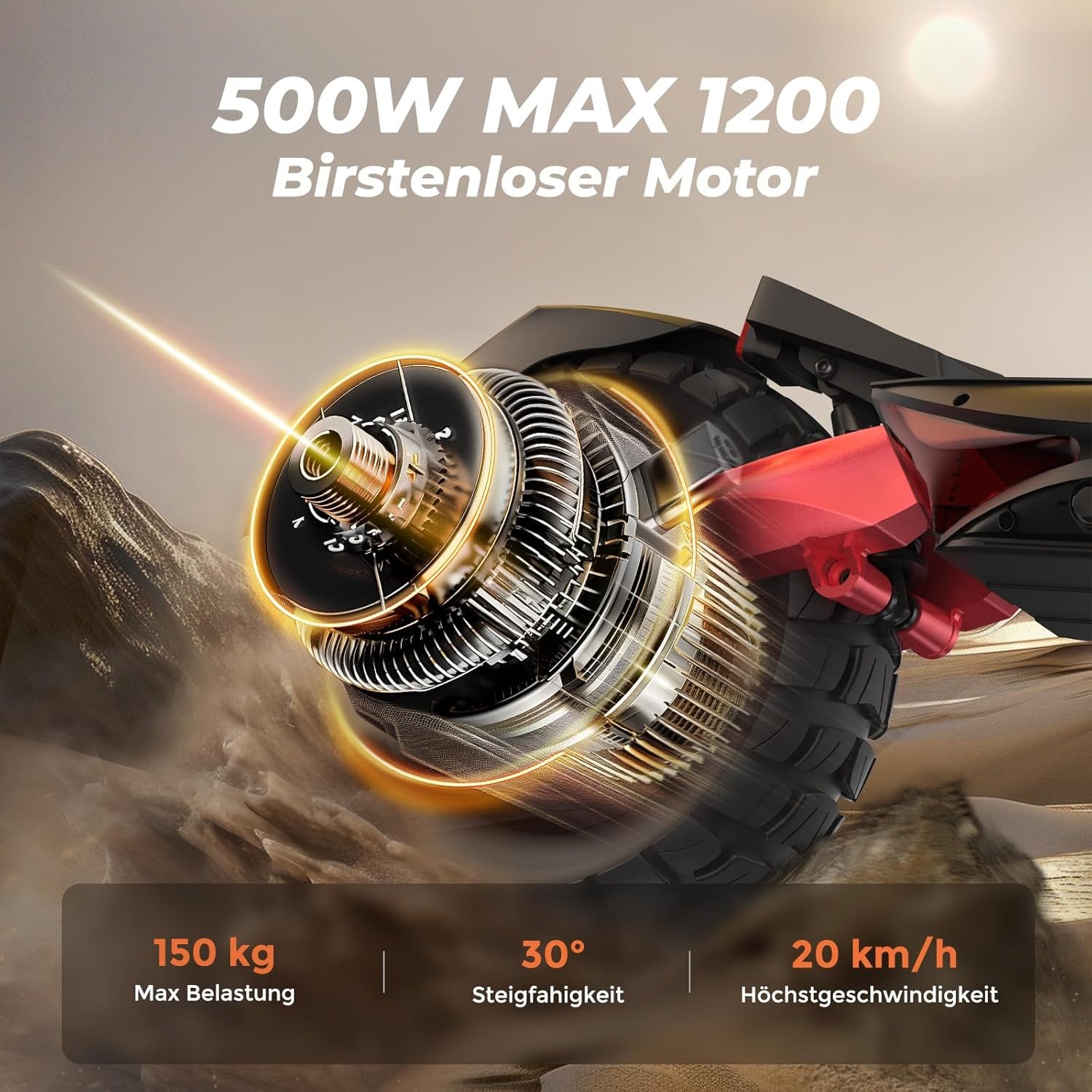 500W Max 1200 brushless motor with 150 kg max load, 30-degree climbing ability, and 20 km/h top speed