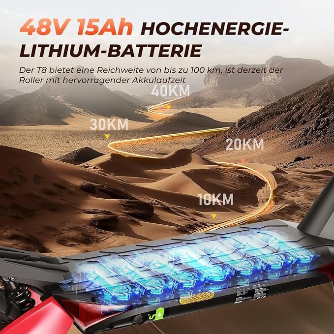 48V 15Ah high-energy lithium battery for the T8 scooter, offering a range of up to 100km